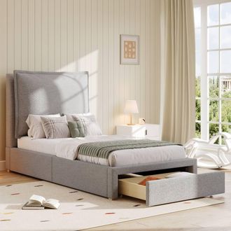 Matteo Grey Chenille Single Bed Frame with Storage & Adjustable Headboard