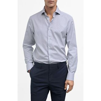 Mango Thermoregulating Slim Fit Poplin Button-Up Shirt in Dark Navy at Nordstrom, Size Medium