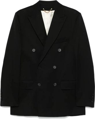 Golden Goose Dubbelbreasted wollen blazer met bedrukte boodschap - Heren - Blazers - Zwart - L - Wol - Jassen