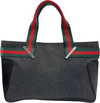 Gucci Sherry Line Black Denim Leather Handbag Tote Bag (Pre-Owned)