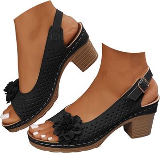 Generic Wedge Sandals for Women Summer Open Toe Low Chunky Heeled Ankle Strap Flower Shoes with Arch Support Dressy Breathable Wide Fit Low Heeled Sandal Fash