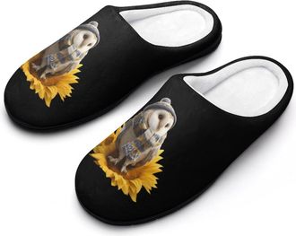 Generic Cute Owl Sitting on Sunflower Mens Cozy Cotton Slippers with Memory Foam Lightweight Anti-skid House Shoes for Indoor Outdoor