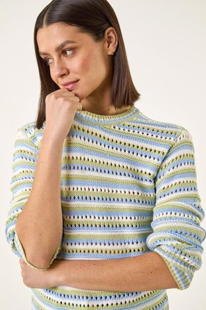 Roman Stripe Pointelle Crew Neck Knit