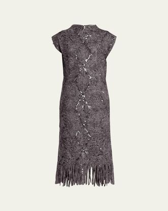 Brunello Cucinelli Frosty Sequined Wool-Cashmere Fringe Midi Dress