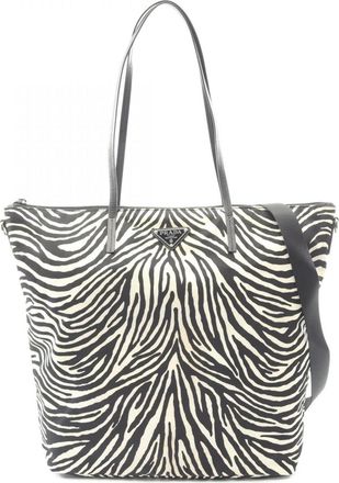 Prada Black White Nylon Leather Tote Bag (Pre-Owned)