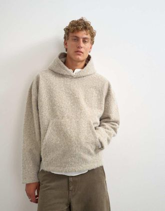Topman felpa con cappuccio vestibilit&agrave; squadrata in pile borg slavato color pietra-Neutro