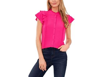 CeCe by Cynthia Steffe Short Sleeve Pin Tuck Ruffled Blouse Womens Clothing Bright Rose : LG, Spandex/Polyester
