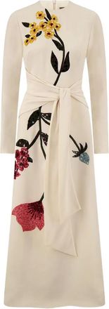 Lela Rose floral-embroidered tie-waist midi dress - White