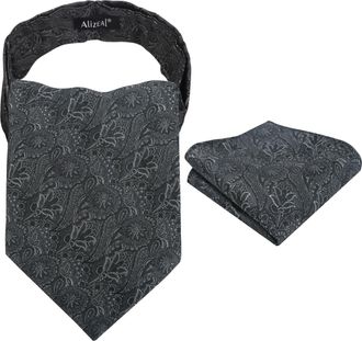 Alizeal Mens Cravat Tie Set Ascot Retro Floral for Banquet Party Tie and Pocket Square Set, Black+Gray