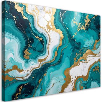Feeby Cuadro En Lienzo Abstracci&oacute;n De M&aacute;rmol Turquesa Y Dorado 100x70
