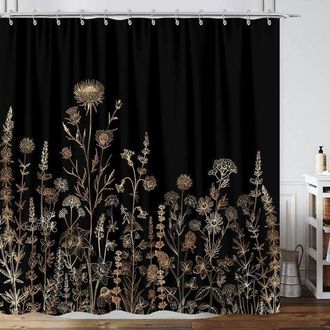 No Brand Cortina De Ducha De Estilo Bohemio Vintage En Negro Y Dorado, Cortina De Ducha Con Estampado Floral En Negro, Marr&oacute;n Y Crema Con Plantas De Flores Sil