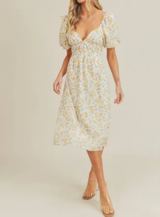 Lush Floral Print Midi Dress In White And Yellow Combo