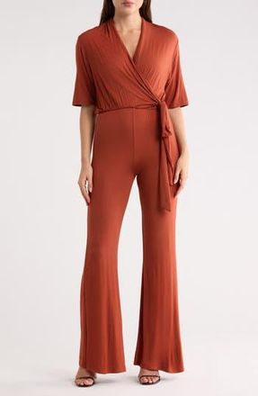 Go Couture Short Sleeve Faux Wrap Jumpsuit in Hazelnut at Nordstrom Rack, Size X-Large