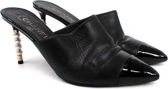 Chanel Black Leather Mules with Pearl Heel Size 40.5