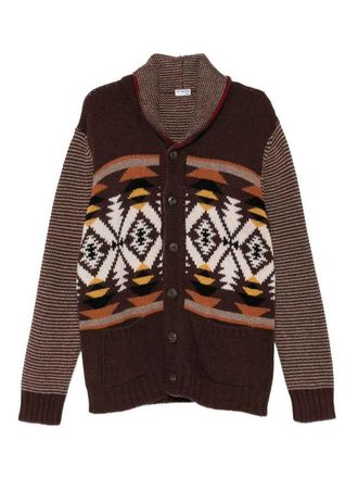 Fay Brown Wool Knit Cardigan With Ethnic Pattern