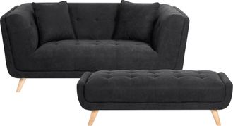 Beliani Sof&aacute; 2 Plazas De Tela Con Otomana Cojines Decorativos Patas De Madera Capiton&eacute; Estilo Retro Negro Habo