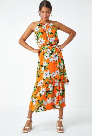 Roman Tropical Floral Halterneck Tiered Dress