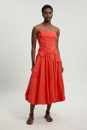 Karen Millen Womens Petite Cotton Linen 3D Floral Bubble Hem Midi Dress - Red
