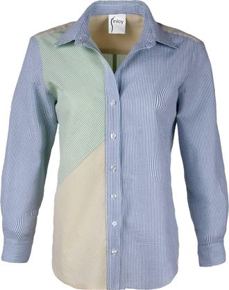 Finley Topanga Colorblocked Seersucker Stripe Shirt In Green/yellow/blue