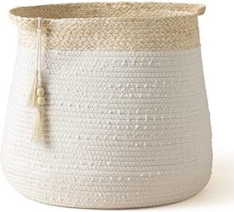 No Brand Cesto De Ropa De Algod&oacute;n, De Cuerda Trenzada Con Asa Y Borlas, Blanco, 38 Cm De Alto X 44 Cm De Ancho