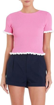 English Factory Ruffle Trim Short Sleeve Rib Sweater in Pink/White at Nordstrom, Size X-Small