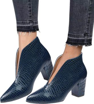 Generic Ankle Boots for Women Slip On Pointed Toe Snakeskin Block Mid Heel Booties Fashion Chelsea Boots Solid Color Black Leather Boots Easy To Clean Lightwe