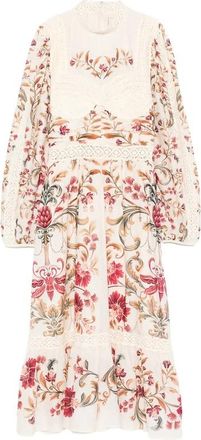 Farm Rio Royal Garden Lange Mouw Gehaakte Midi Jurk - Dames - Casual kleedjes - Veelkleurig - XS - Katoen - Kleedjes