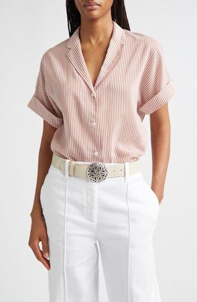Eleventy Stripe Cotton & Silk Camp Shirt in Raspberry at Nordstrom, Size 10 Us