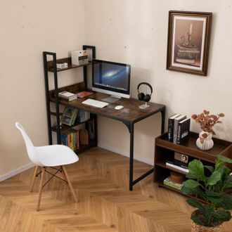 Costway Scrivania con Libreria, 2 Prese di Corrente, 2 Porte USB Tipo-A e Tipo-C, Scrivania da Ufficio con 4 Ripiani, Scrivania per PC Salvaspazio