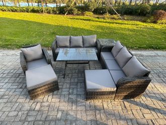 Fimous Wicker 7 Pieces Rattan Garden Furniture Sofa Set with Rectangular Dining Table Armchair 2 Big Footstool Side Table Dark Grey Mixed