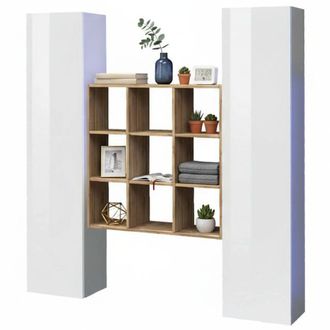 Dmora Credenza Acerenza, Set Da Soggiorno A 2 Ante E Ripiani, Buffet Da Soggiorno, Madia Da Cucina, 100% Made In Italy, Cm 170x30h180, Bianco Lucido E Acero