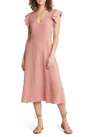 Treasure & Bond Flutter Sleeve V-Neck Midi Dress in Pink Desert at Nordstrom Rack, Size Medium