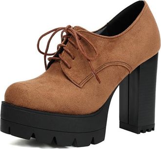 Generic Womens Lace Up Round Toe Platform Chunky Heels Pumps Fashion Casual Party Dance Shoes Ankle Booties Loafers (Brown,5.5)