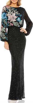 Mac Duggal Floral Embellished Long Blouson Sleeve Sequin Column Gown in Black Multi at Nordstrom, Size 14