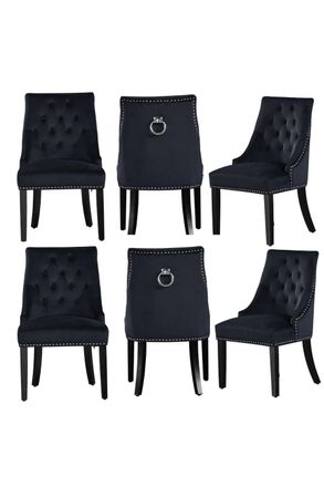 Life Interiors Set of 6 Windsor Knocker Back Velvet Dining Chairs Solid Wood Legs in Black