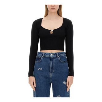 Moschino Tops, Dames, Zwart, L, Leer, Hook & Eye Top