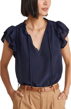 Vineyard Vines Cupro & Silk Flutter Sleeve Top in Nautical Navy at Nordstrom, Size Xx-Small