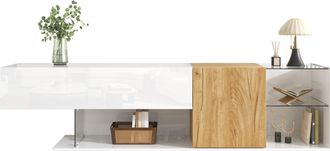 STILVORA Mueble Tv Con 2 Puertas Y Estantes De Vidrio, Blanco Brillo Y Efecto Madera, 180&times;38&times;48 Cm, En Tablero De Part&iacute;culas, Natural Blanco