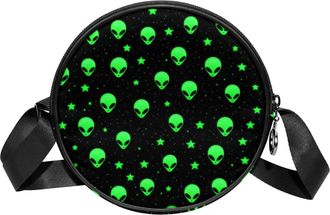 Generic Circle Crossbody Bag for Women, Green Small Alien Patern Small Sling Bag Daypack with Zipper Adjustable Shoulder Straps Casual Ladies Girls Round Purs