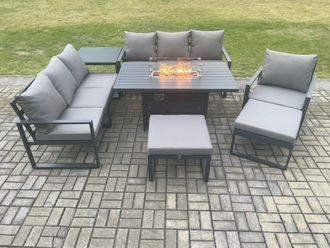 Fimous Aluminium 7 Pieces Garden Furniture Sofa Set with Cushions 9 Seater Gas Fire Pit Dining Table Set with Side Table 2 Big Footstools