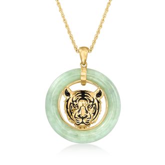 Ross-Simons Jade Tiger Head Pendant Necklace in 18kt Gold Over Sterling