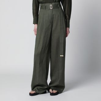 Max Mara High-waist wide-leg washed linen pants, khaki green