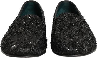 Dolce & Gabbana Mens Black Velvet Embroidered Dress Loafers Shoes Leather