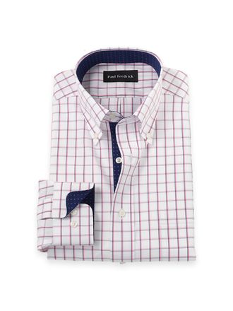 Paul Fredrick Tailored Fit Non-iron Cotton Check Dress Shirt With Contrast Trim
