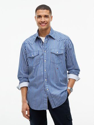 Tommy Hilfiger Mens Relaxed Fit Indigo-Striped Western Shirt - Indigo Blue - XL