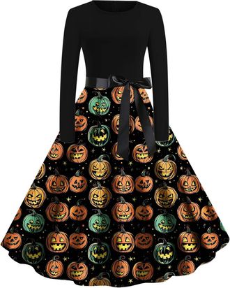 Generic Halloween Costumes Adult Women, Ladies Halloween Dress Retro Pumpkin Skeleton Print Long Sleeve A Line Swing Dress Black Vintage Skull Witch Rockabill