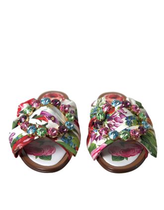 Dolce & Gabbana Womens Multicolor Floral Flats Crystal Sandals Shoes Cotton