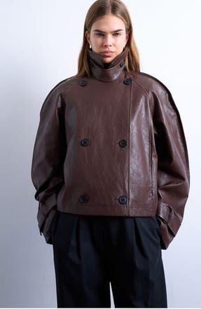Topshop Ovoid Sleeve Short Faux Leather Trench Coat in Brown at Nordstrom Rack, Size X-Small