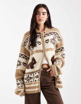 Daisy Street Cardigan oversize marrone multicolore con zip e grafica con coniglietti