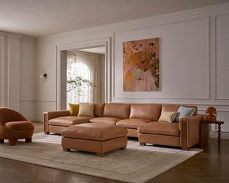 Castlery Tan France Kagan Leather 4-Piece U-Shape Sectional Couch with Ottoman, (Marche) Cocoa by Castlery, Brown Leather, Modern Heritage Modular Sofa